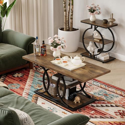 Rustic Coffee Table with Storage Industrial 3 Tier Center Living Room Table Farmhouse Wooden Rectangle Cocktail Tea Table for Office Bedroom Elegant Full Moon Round Metal Frame (Brown, L-47)