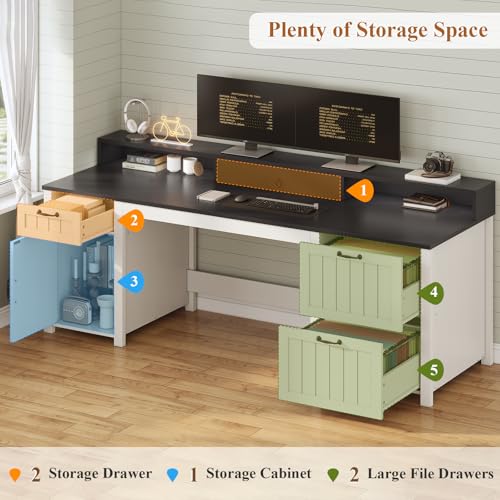 63" Farmhouse Executive Desk with Drawers and Storage, White + Black, view 4