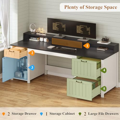 63" Farmhouse Executive Desk with Drawers and Storage, White + Black, view 4