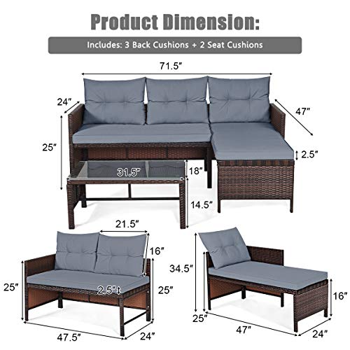 3 Pieces Patio Furniture Set, Sectional Rattan Wicker Sofa Set with Steel Frame & Seat Cushion, Outdoor Conversation Set for Garden Lawn Pool Backyard