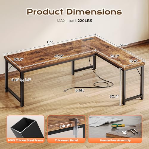 63 Inch L Shaped Desk with Power Outlets & 0.95 Inch Thicker Desktop, view 4