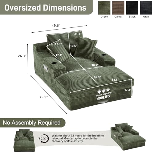 75.9"D Oversized Chaise Lounge Chair Indoor with Cup Holders,Green, view 3