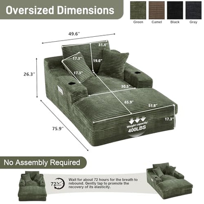 75.9"D Oversized Chaise Lounge Chair Indoor with Cup Holders,Green, view 3