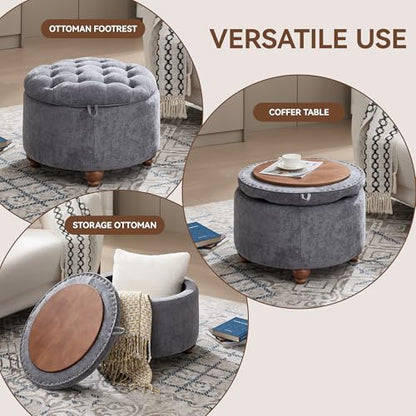 24Inch Round Storage Ottoman with Tray, Modern Tufted Circle Coffee Table with Storage, Upholstered Ottoman with Removable Top for Living Room, Bedroom, Chenille Blue