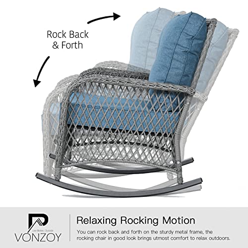 Patio Furniture Set 3 Pieces, Wicker Rocking Bistro Set with Thick Cushions, Outdoor Rocker Chairs and Coffee Table for Porch, Backyard or Garden (Blue)