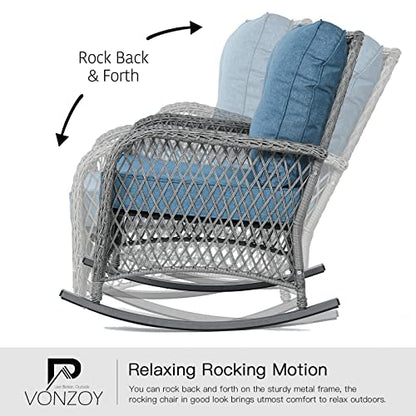 Patio Furniture Set 3 Pieces, Wicker Rocking Bistro Set with Thick Cushions, Outdoor Rocker Chairs and Coffee Table for Porch, Backyard or Garden (Blue)