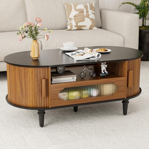 Fluted Round Coffee Table with Storage, Modern Oval Coffee Table with Drawer, Sliding Door, Low Small Center Tables for Living Room, Wooden Boho, Mid Century, Unique, Black and Walnut