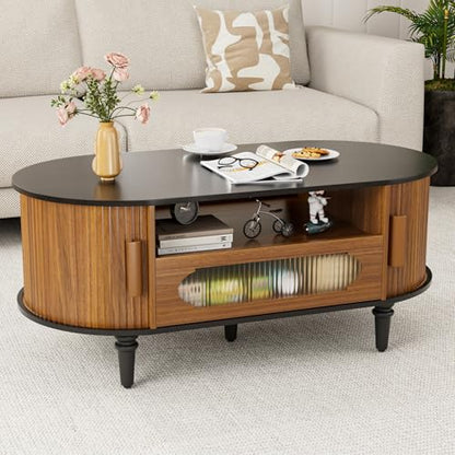 Fluted Round Coffee Table with Storage, Modern Oval Coffee Table with Drawer, Sliding Door, Low Small Center Tables for Living Room, Wooden Boho, Mid Century, Unique, Black and Walnut