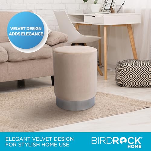 Round Ottoman Foot Stool – Modern Soft Padded Velvet Vanity Chair with Silver Metal Trim – Accent Chair or Foot Rest for Living Room, Bedroom, or Dressing Room (Taupe)