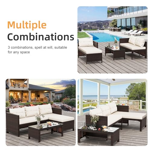 3-Piece Outdoor Patio Furniture Sets, Wicker Patio Conversation Sets, All Weather Wicker Rattan Patio Seating Sofas with Glass Coffee Table and Cushion, Beige