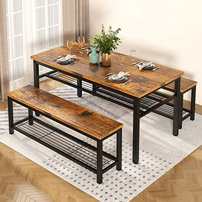 3-Piece Dining Table Set, Industrial Kitchen Table and Chairs Set for 4, Dining Table and 2 Benches with Storage Shelf, Dining Table Set for Dining Room Kitchen, Rustic Brown