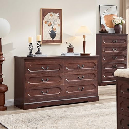 6 Drawer Dresser for Bedroom Farmhouse Cherry Tall Wood Chest of Drawers for Bedroom Dresser, Modern Rustic 47.2" Wide Drawers Dressers Wooden Closet and Storage Cabinet, Hallway, Living Room