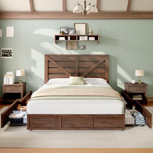 King Size Farmhouse Storage Bed Frame with Headboard & 4 Drawers, view 5