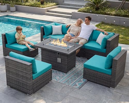 7 Piece Large Modern Patio Furniture Set with Propane/Gas Firepit Table, 29.3'' High Back Comfy Wicker Sectional Sofa Couches with Fire Pit, Outdoor Deep Conversation, Fade-Proof, Turquoise