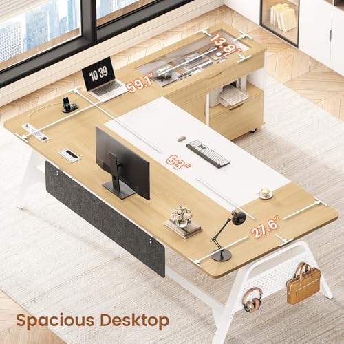 L Shaped Computer Desk with Mobile File Cabinet & Power Outlets, Executive Home Office Desk with Storage Drawers, Pegboard, Cable Management, Reversible L Desk for Work & Gaming, White + Oak