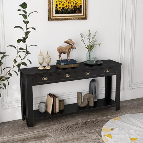 Long Sofa Table - Black 60 Inch Console Tables for Living Room, Hallway Table with 4 Drawers, Modern Wood Entryway Table with Storge Shelf