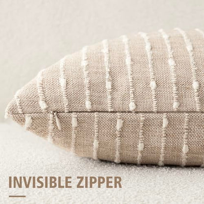 Pack of 2 Decorative Jacquard Boucle Throw Pillow Covers Accent Textured Striped Pillowcases Cozy Modern Cushion for Couch Sofa Bedroom Living Room Home Decor 18x18 Inch Natural Beige