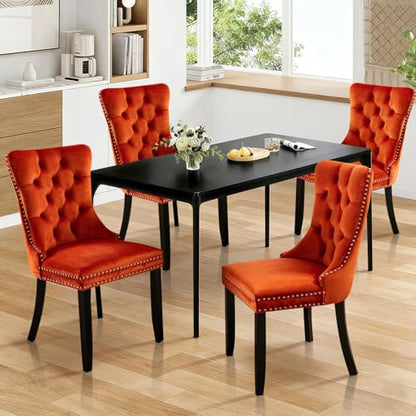Velvet Dining Chairs Set of 4, Tall Back Side Chair, Modern Upholstered High-end Tufted Side Chair with Button Back Ring, Solid Wood Legs (Orange)