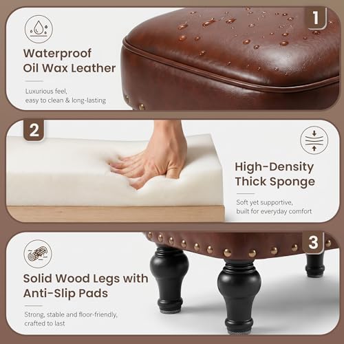 Ottoman Leather Footrest,Vintage Footstool,Thickened Foam Upholstered Seat,Wooden Leg Foot Rest,Under Desk Shoe Bench Small Bench for Living Room Dining Room(Bronw)