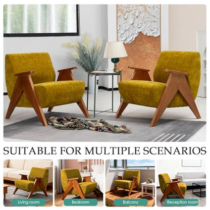Home Accent Chair Mid Century Modern Accent Chair with Wood Frame, Lounge Upholstered Armchair, Reading Chair, Sturdy Base,For Living Room, Bedroom,Office,Comfy Guest Waiting Room Chairs,Yellow