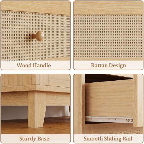 Rattan 3 Drawer Dresser for Bedroom, Small Boho Dresser with Wood Handles, Wood Nightstand, 29.52" Wide Modern Dresser, Chests of Drawers for Living Room, Entryway, Hallway, Natural Oak