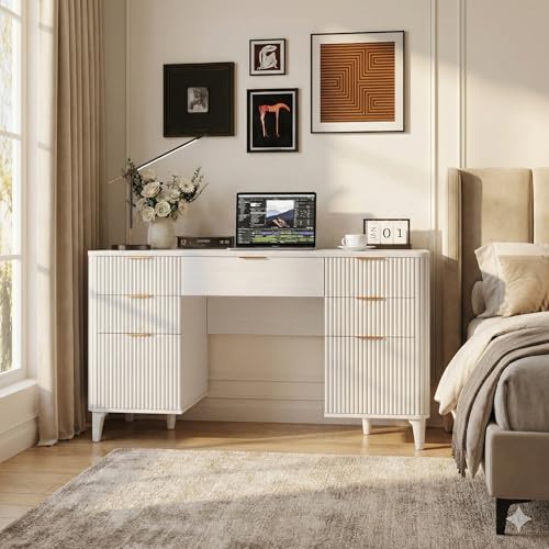 White Desk with Drawers, 55" Fluted Executive Desk with Storage Cabinet, Wood Home Office Desk with File Cabinet, Modern Computer Writing Desk for Study, Living Room, Bedroom