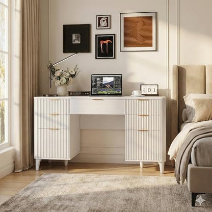 White Desk with Drawers, 55" Fluted Executive Desk with Storage Cabinet, Wood Home Office Desk with File Cabinet, Modern Computer Writing Desk for Study, Living Room, Bedroom