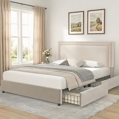 Queen Size Upholstered Bed Frame with 4 Storage Drawers, view 3