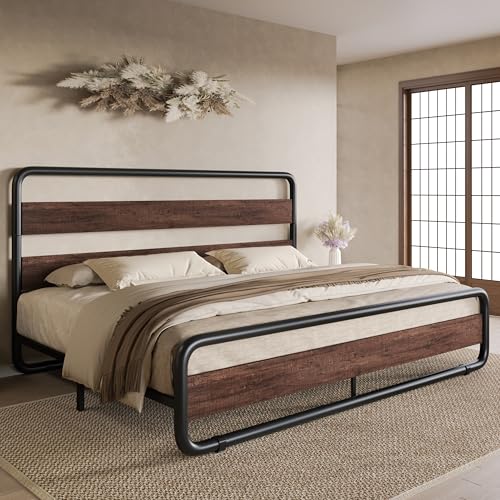 King Size Metal Bed Frame with Wooden Headboard, Mahogany, view 2