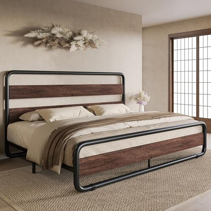 King Size Metal Bed Frame with Wooden Headboard, Mahogany, view 2