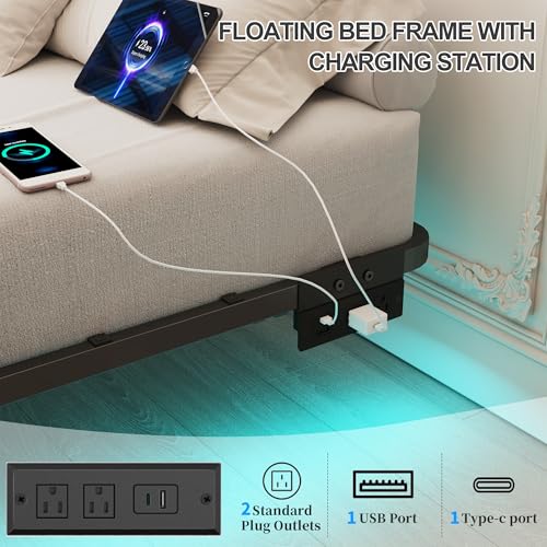 Full Size Floating Bed Frame with Smart LED Lights & Charging Station, view 6