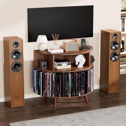 31.5" Record Player Stand with Power Outlet, Curved Vinyl Storage Cabinet, view 4
