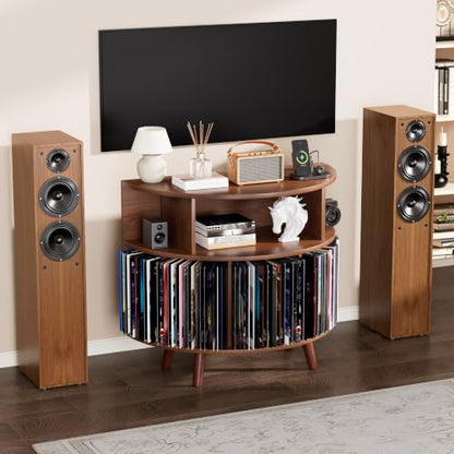 31.5" Record Player Stand with Power Outlet, Curved Vinyl Storage Cabinet, view 4