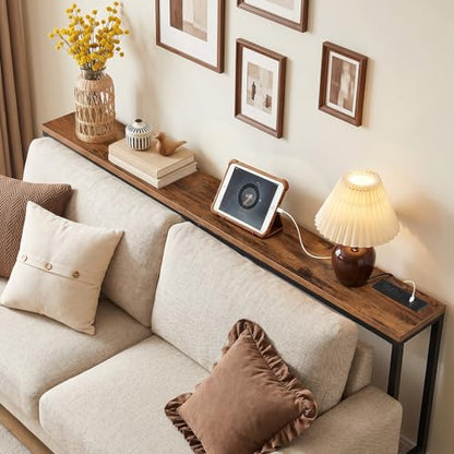 70.9" Console Table with Power Outlet, Narrow Sofa Table, Brown, view 2
