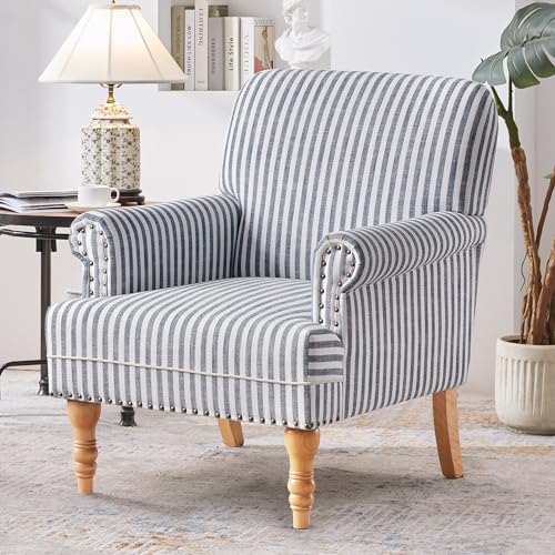 Linen Fabric Accent Chair, Mid-Century Modern Armchair with Solid Wood Legs, Single Sofa Chair,Upholstered Reading Club Chair (1, Dark Blue and White Stripe)