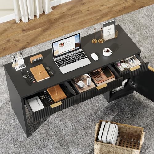 60" Executive Desk with Fluted Drawers, Fluted Desk, Black, view 8