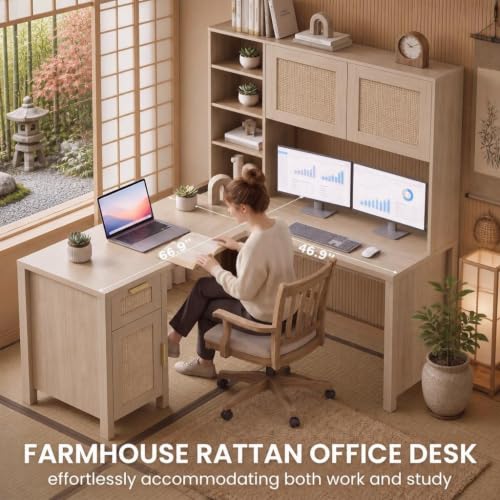L Shaped Desk with Hutch, Corner Desk with Storage, Wood, view 4