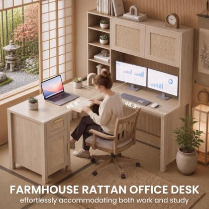 L Shaped Desk with Hutch, Corner Desk with Storage, Wood, view 4