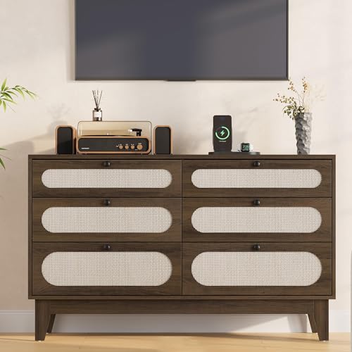Rattan 6-Drawer Storage Dresser with USB Ports and Power Outlets, view 2