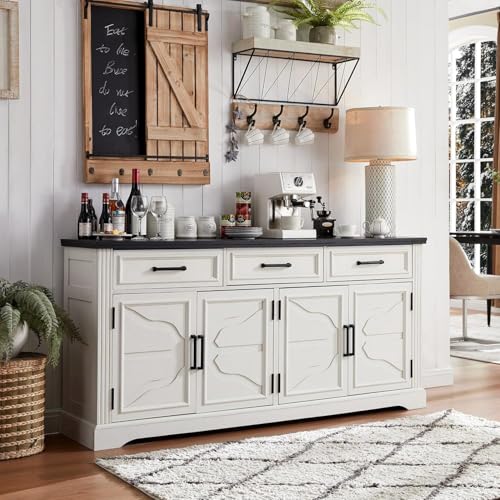 66" Farmhouse Buffet Cabinet with Storage, Sideboard Credenza with 4 Door Cabinets, Adjustable Shelves & 3 Drawers, Coffee Bar Cabinet for Dining Room, Kitchen, Living Room, Off White