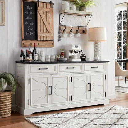 66" Farmhouse Buffet Cabinet with Storage, Sideboard Credenza with 4 Door Cabinets, Adjustable Shelves & 3 Drawers, Coffee Bar Cabinet for Dining Room, Kitchen, Living Room, Off White