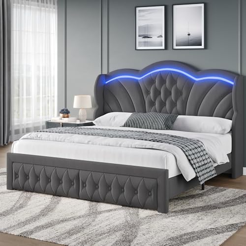 Queen Bed Frame with LED Lights and 2 Storage Drawers, Velvet Upholstered Platform with 47" Tall Arc-Shaped Wingback Headboard and Button Tufted Design, No Box Spring Needed, Noise-Free, Gray