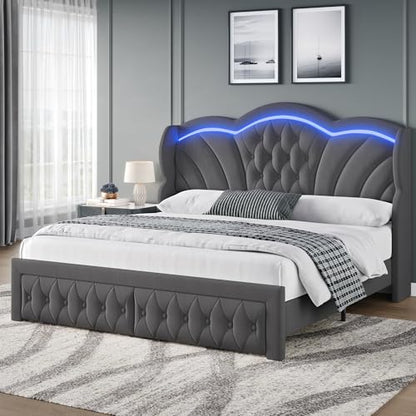 Queen Bed Frame with LED Lights and 2 Storage Drawers, Velvet Upholstered Platform with 47" Tall Arc-Shaped Wingback Headboard and Button Tufted Design, No Box Spring Needed, Noise-Free, Gray