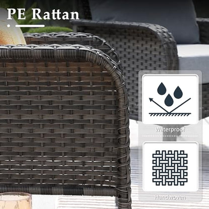 4-Piece Wicker Patio Furniture Set, All-Weather Rattan Conversation Bistro Loveseat Chair and Table Set for Backyard, Balcony and Deck with Soft Cushions and Metal Table(Dark Gray)