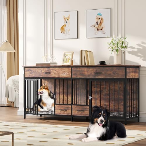 74.8" Double Dog Crate Furniture with Dog Feeder & Drawers, view 3
