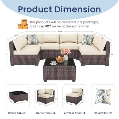 7 Piece Outdoor Patio Furniture Set, Outdoor Sectional Furniture, Rattan & Wicker Modern Modular Conversation Set Sectional Sofa W/Water Resistant Washable Thick Cushions and Coffee Table, Brown/Beige