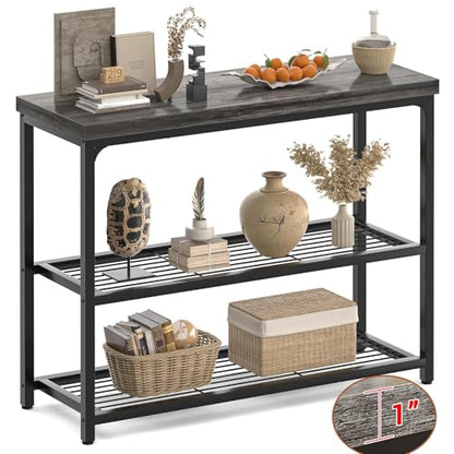 32" Small Console Table with 3-Tier Storage, Industrial Narrow Entryway Table, Sofa Table Behind Couch for Hallway, Foyer & Living Room, Sturdy Metal Frame, Oak Grey