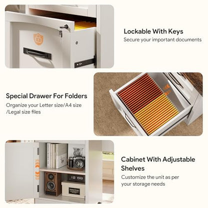 67" Farmhouse L Shaped Standing Desk with Drawers Home Office Executive Desks with Fast Charging Station, Lockable File Cabinet, Wood Writing Computer Desk for Work, Study, White