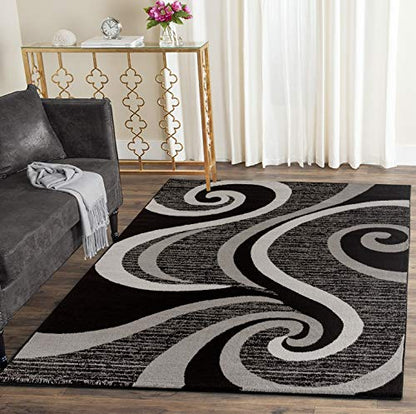 Modern Area Rug Swirls Carpet Bedroom Living Room Contemporary Dining Accent Sevilla Collection 4817A (4x6, Black)