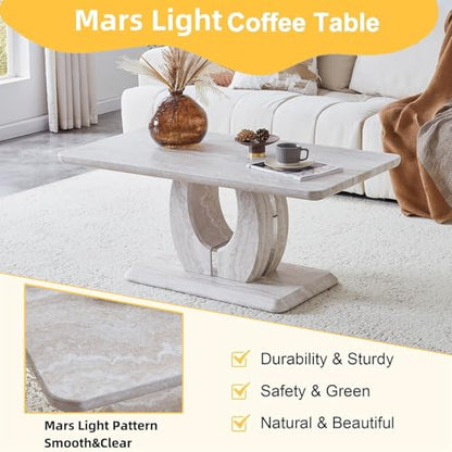 43" Modern Minimalist Faux Travertine Coffee Table with Sculptural Pedestal Base, Rectangular MDF Center Table with Metallic Silver Accent, Contemporary Living Room Table, Easy Assembly